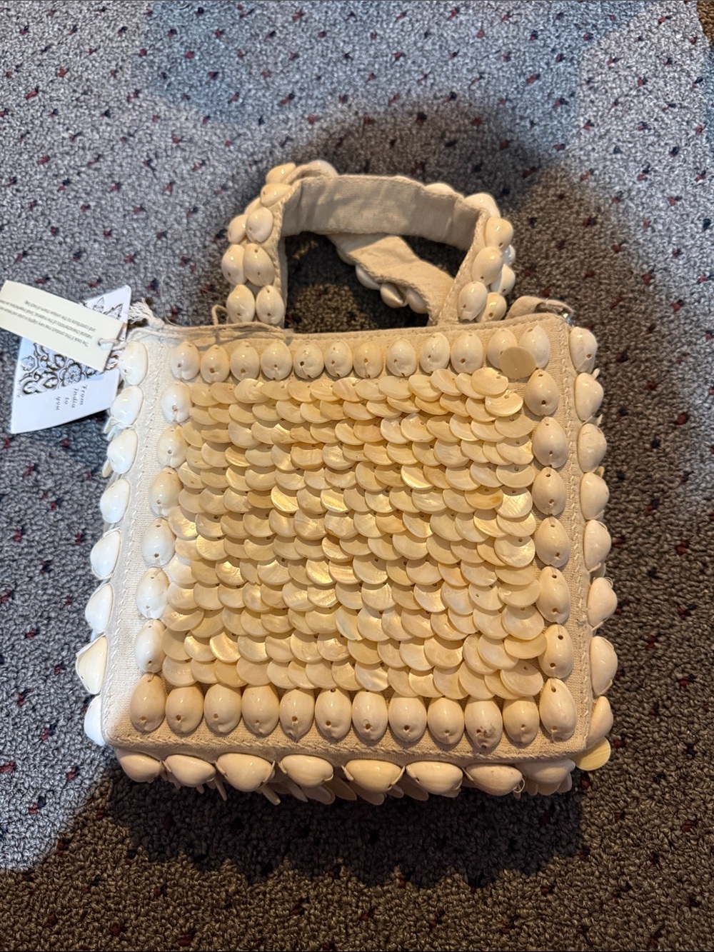 Beige Shell-Embellished Mini Tote Bag